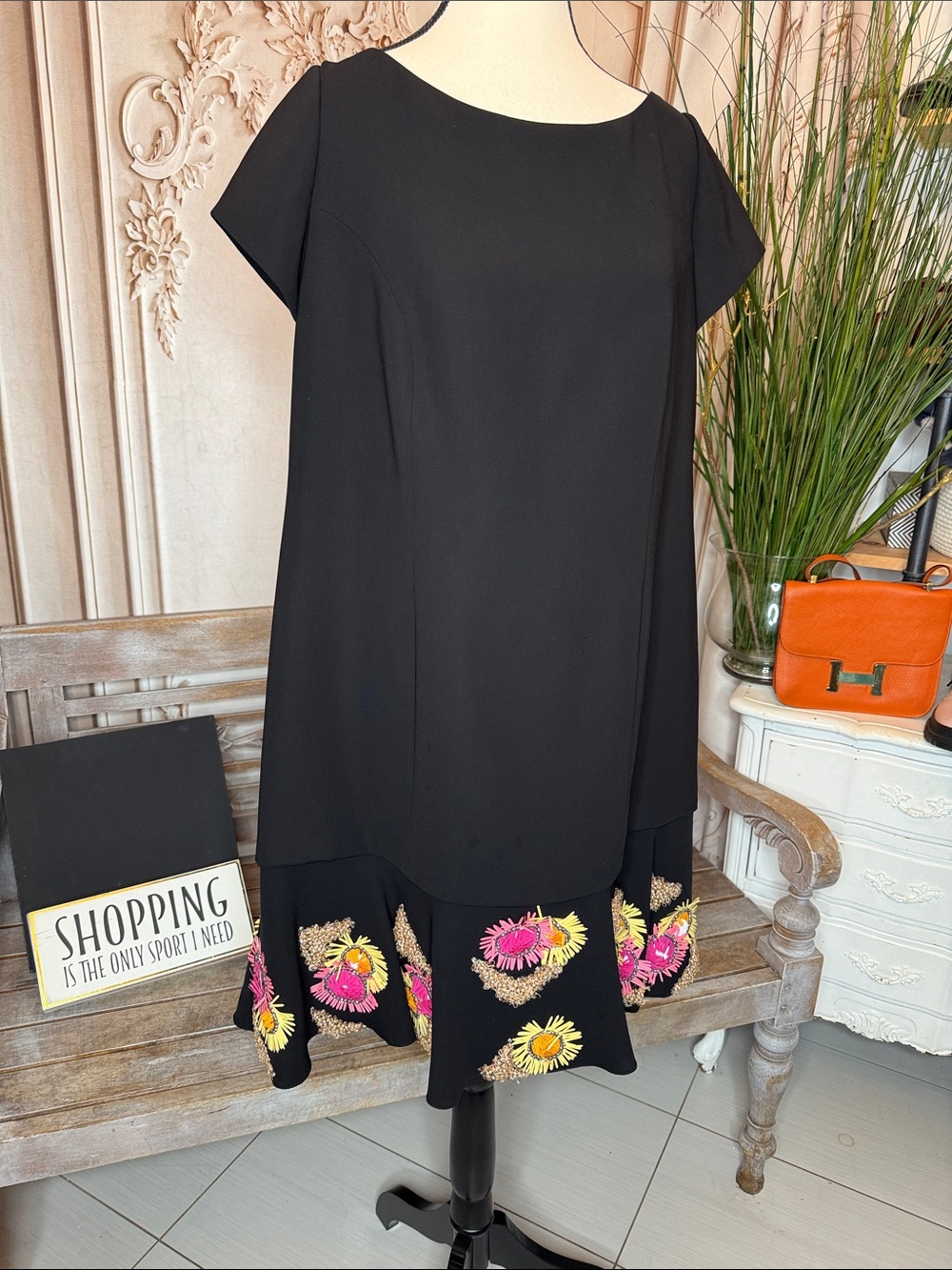 TONY WARD Black Floral Hem Layered Women's Dress